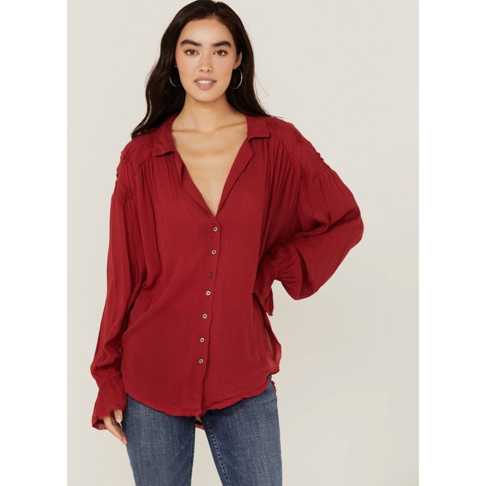 Free People‎ Olivia Long Sleeve Top Womens XS Red Oversized Button Down Festive